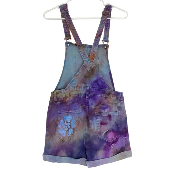 Upcycled Tie Dye Denim Overalls Shorts Womens Size Medium 6 8 Hand Painted Multi - Picture 2 of 14